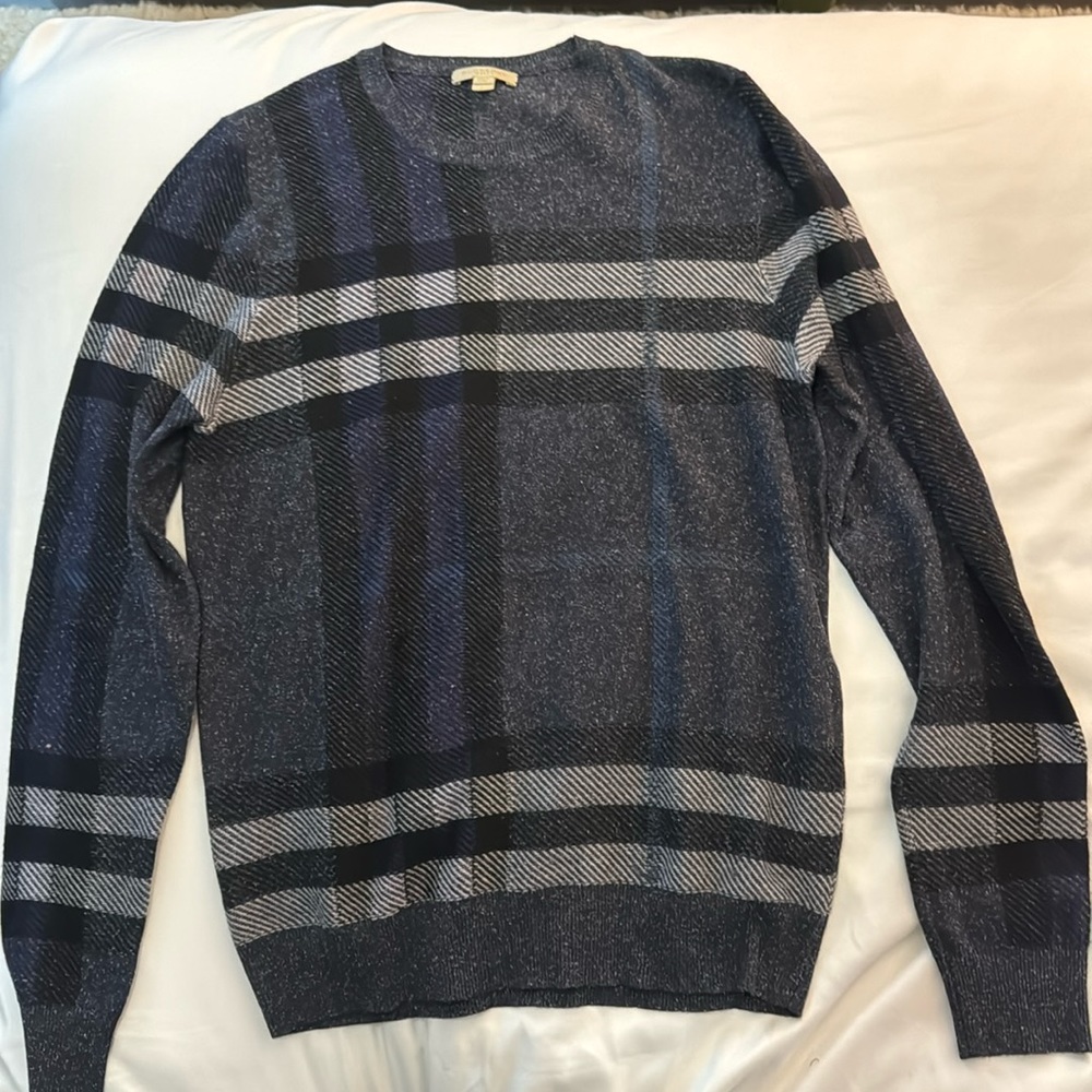 Men’s Burberry Brit Sweater in navy plaid print, size Large, perfect condition!